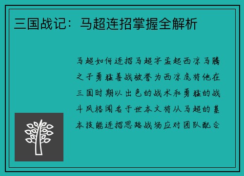 三国战记：马超连招掌握全解析